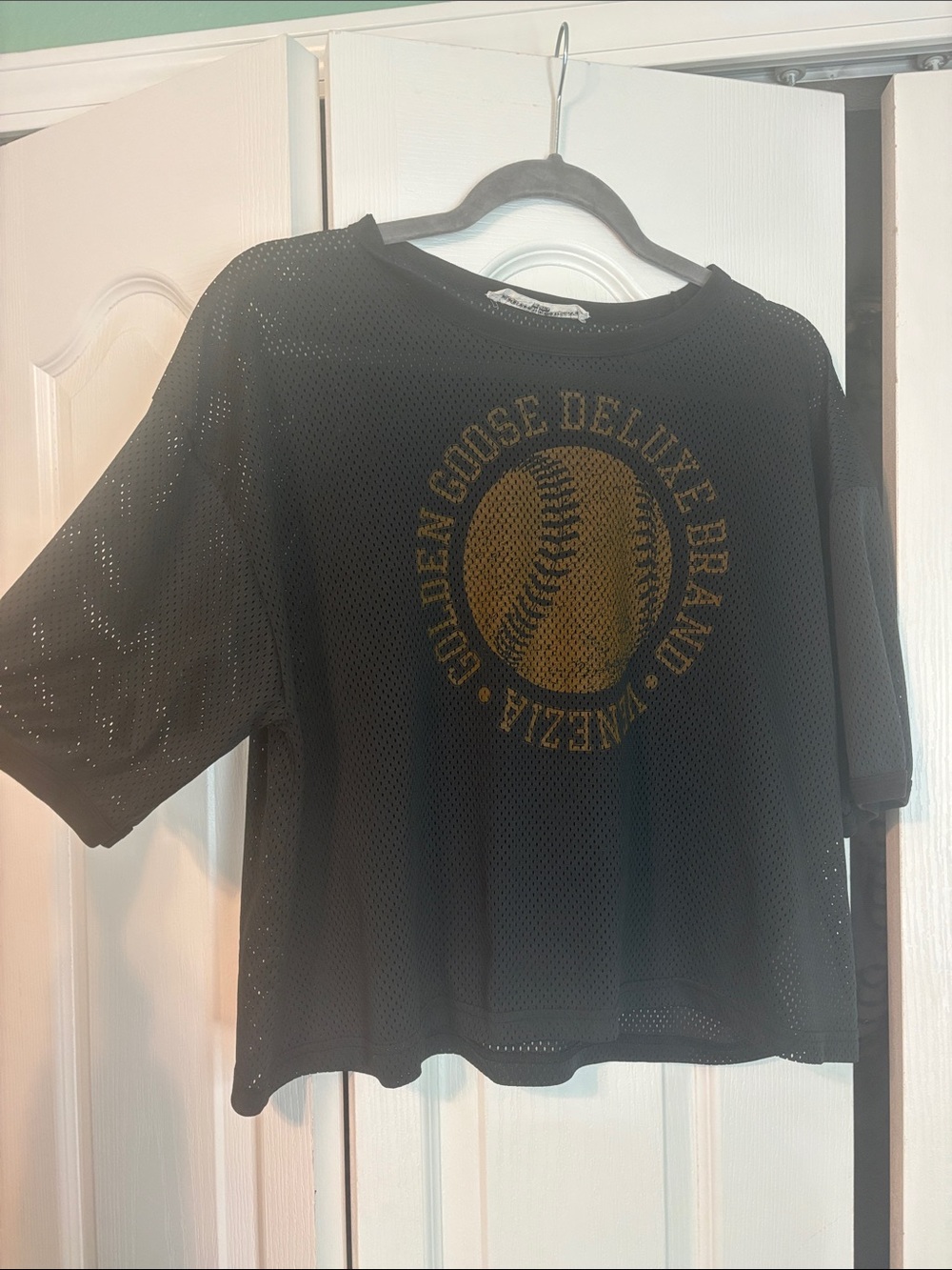Golden Goose Black Mesh Short Sleeve Tee with Gold Baseball Jersey
